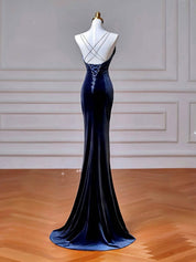 Simple Mermaid Velvet Dark Blue Long Prom Dress, Dark Blue Long Formal Dress