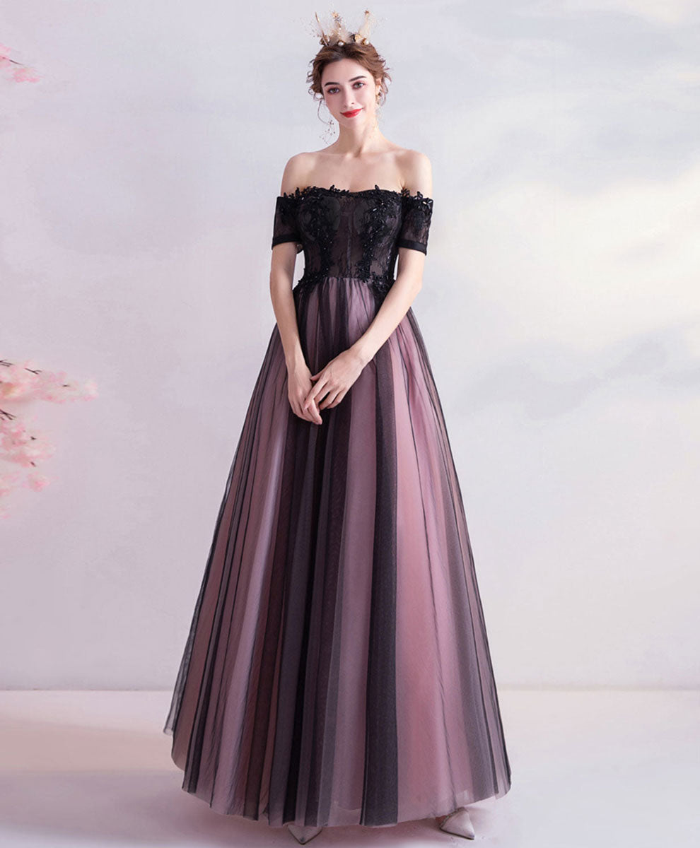 Off-the-Shoulder Floral Lace Embroidered Tulle Ball Gown Prom Dress with Satin Belt