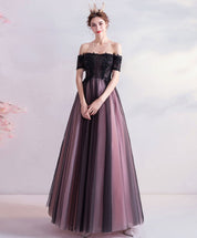 Off-the-Shoulder Floral Lace Embroidered Tulle Ball Gown Prom Dress with Satin Belt