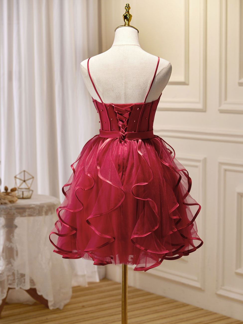 A-Line Spaghetti Straps Short Red Tulle Homecoming Dress with Beading and Tiered Ruffle Skirt