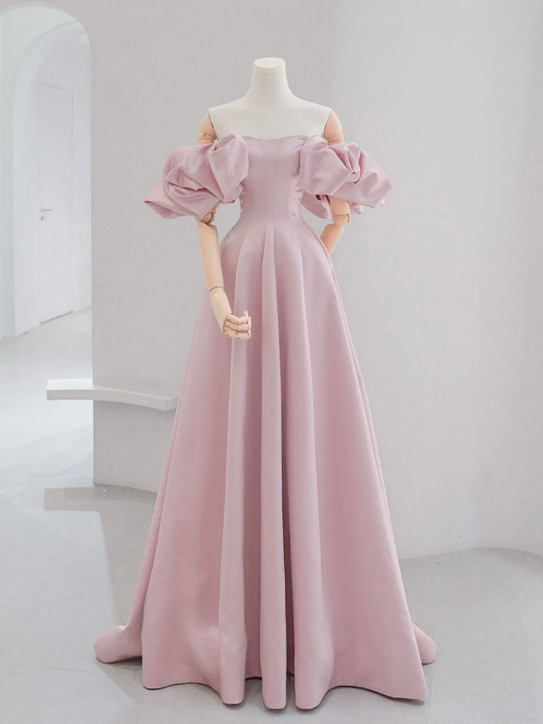 A-line Puff Sleeves Satin Pink Long Prom Dress, Pink Long Formal Dress