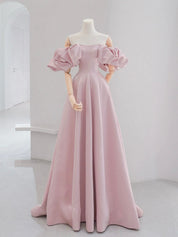 A-line Puff Sleeves Satin Pink Long Prom Dress, Pink Long Formal Dress