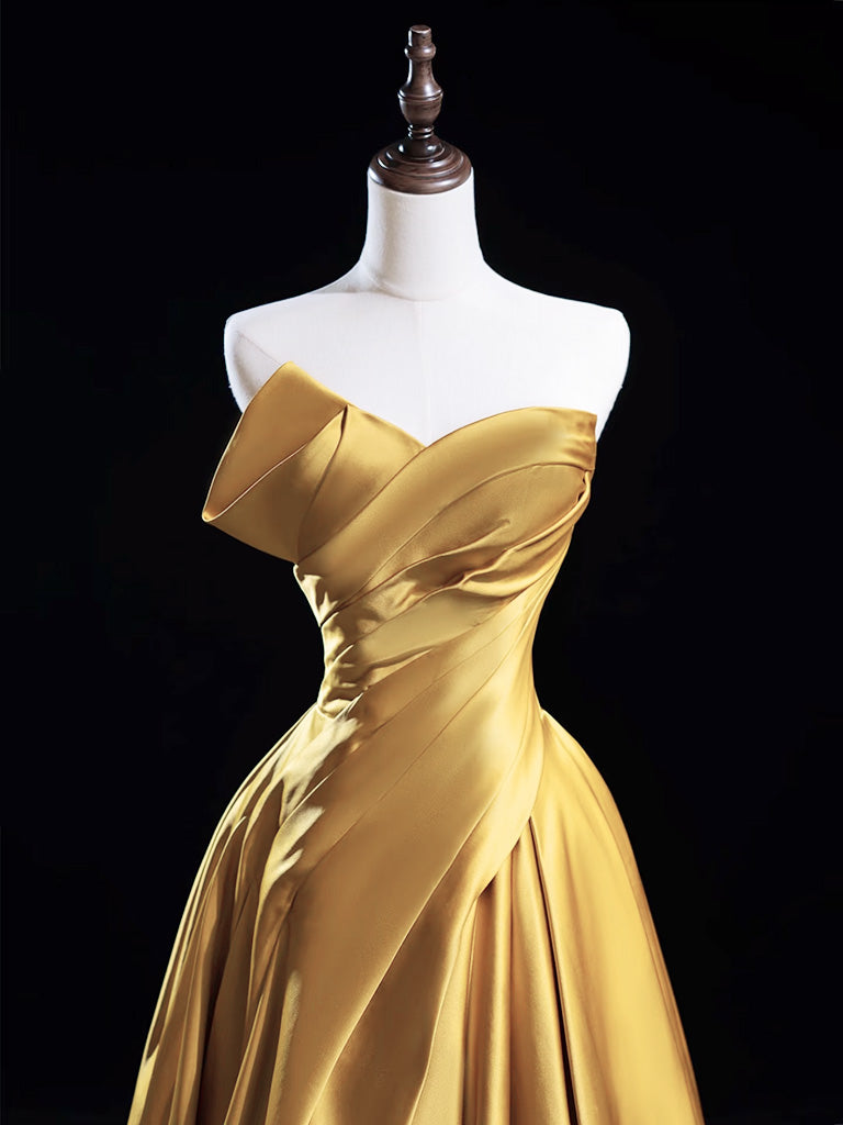 Gold A-Line Off-the-Shoulder Floor-Length Satin Prom Dress with Draped Bodice