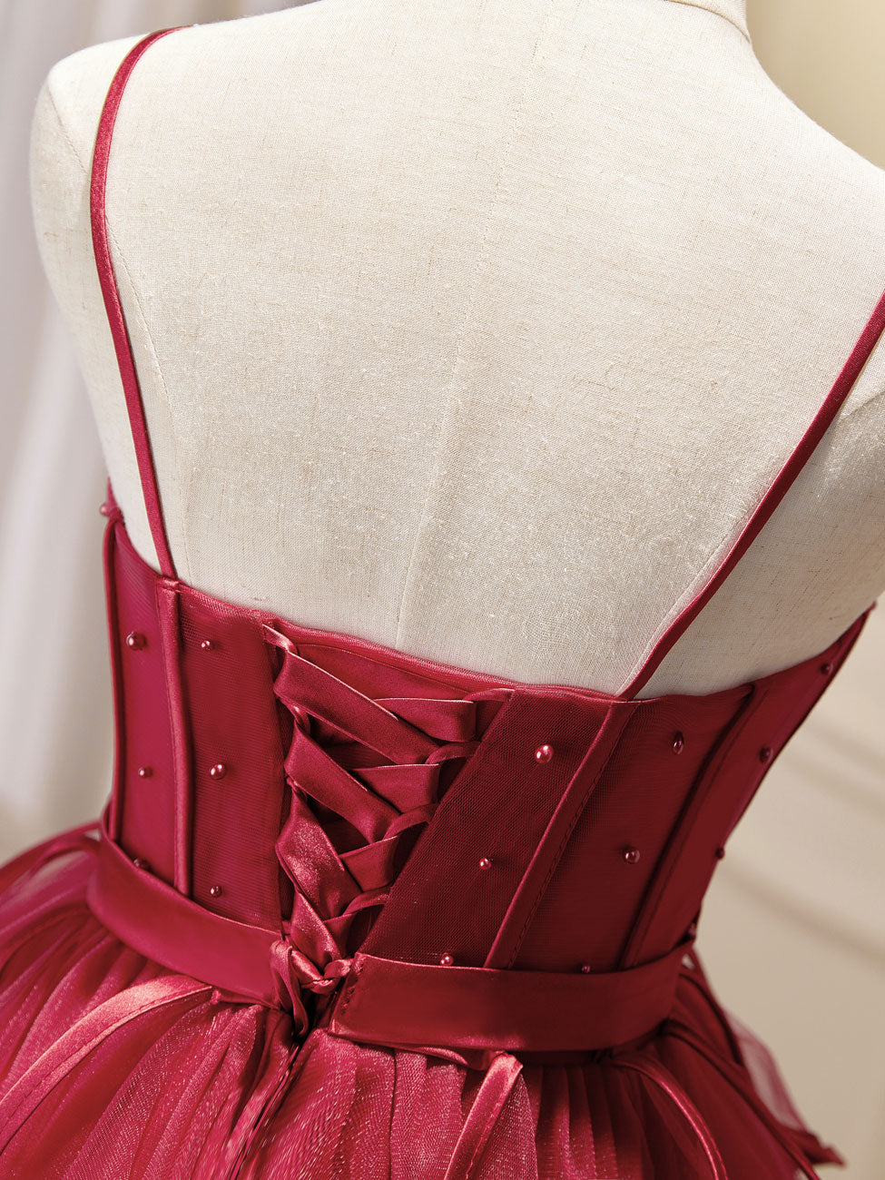 A-Line Spaghetti Straps Short Red Tulle Homecoming Dress with Beading and Tiered Ruffle Skirt