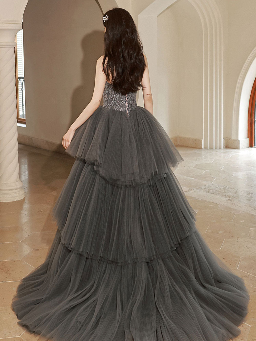 Gray Lace Long Prom Dresses, Lace Formal Gray Graduation Dresses