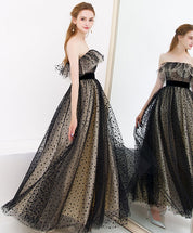 A-Line Off-the-Shoulder Floor-Length Tulle Lace Prom Dress with Polka Dot Overlay