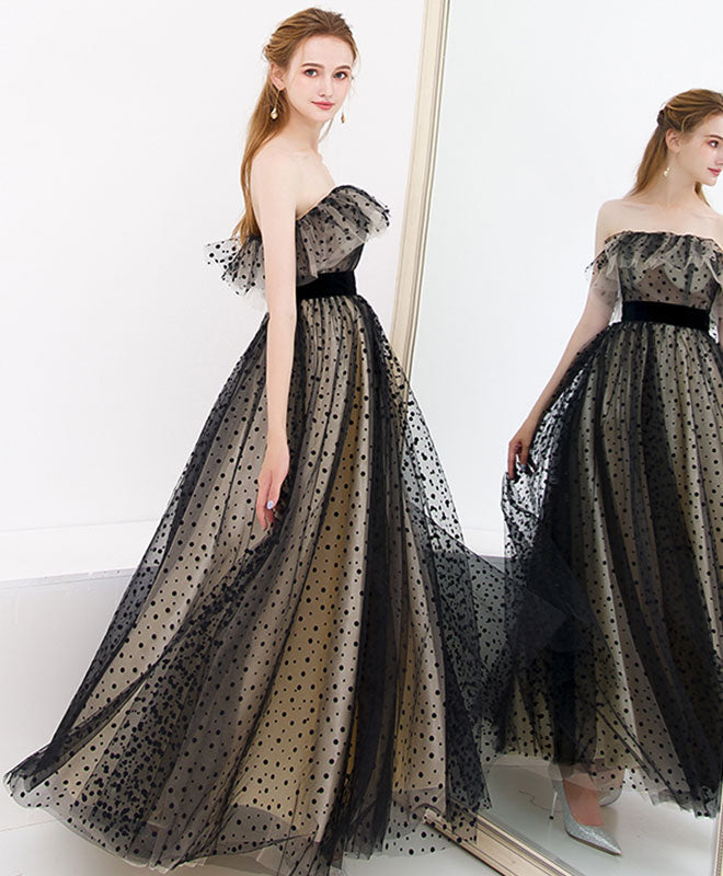 A-Line Off-the-Shoulder Floor-Length Tulle Lace Prom Dress with Polka Dot Overlay