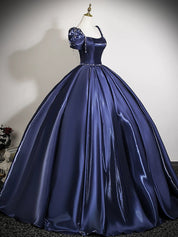 A-Line Puff Sleeves Dark Blue Long Prom Dress with Lace-Up Back