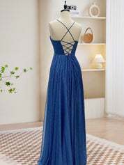 A-Line Sweetheart Neck Blue Long Prom Dress, Backless Blue Long Evening Dress