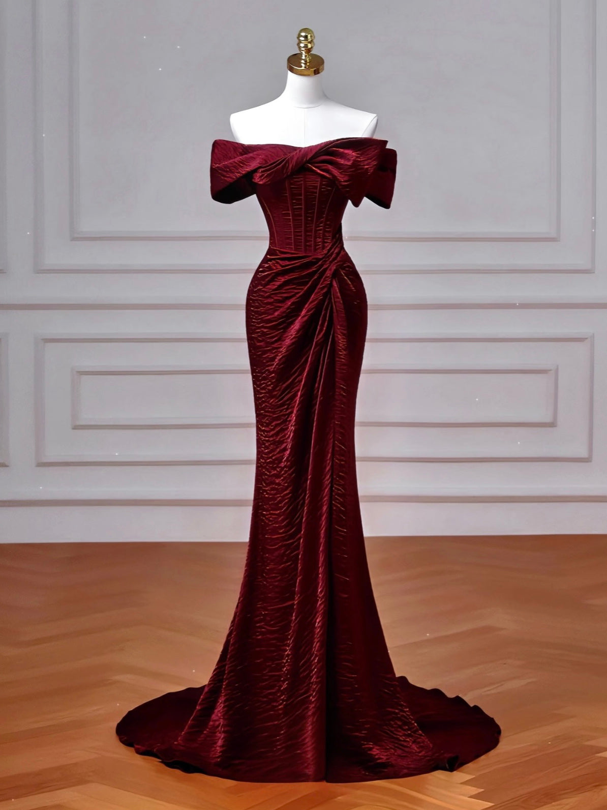 Mermaid Off-the-Shoulder Floor-Length Special Material Burgundy Prom Dress with Draped Bow Detail