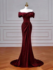 Mermaid Off-the-Shoulder Floor-Length Special Material Burgundy Prom Dress with Draped Bow Detail