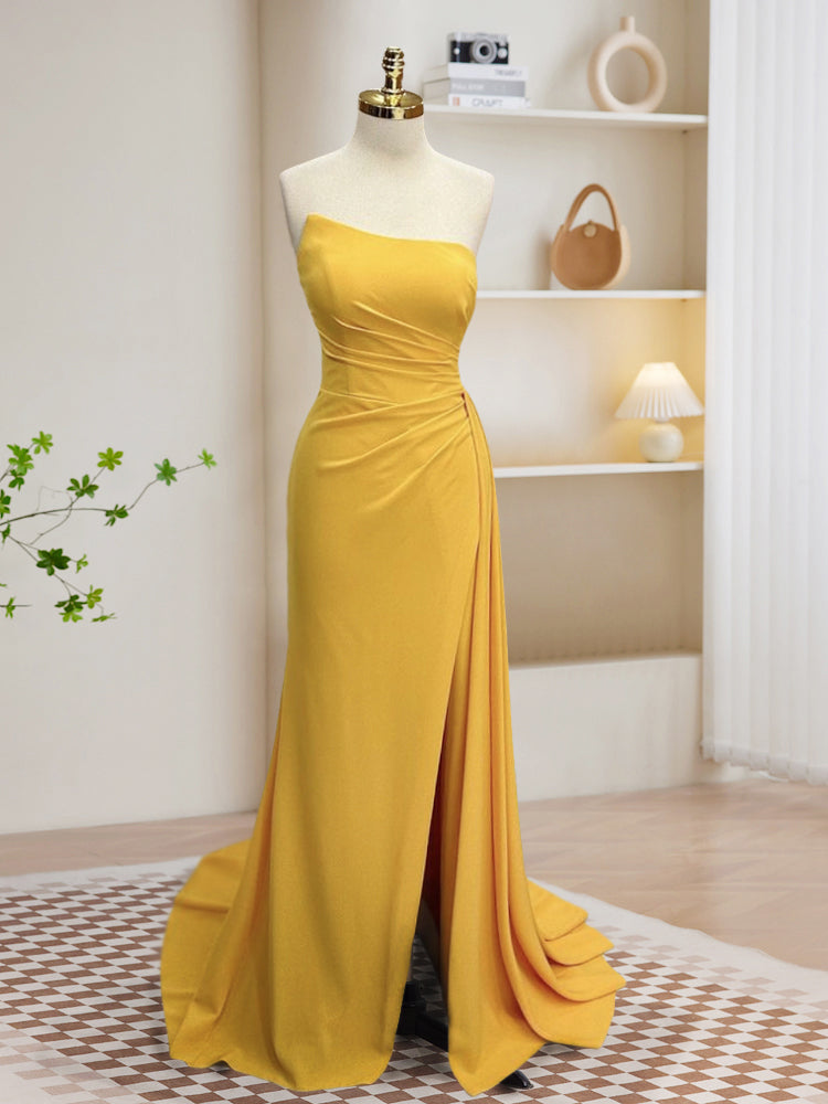 Simple Yellow Satin Long Prom Dress, Yellow Formal Dress