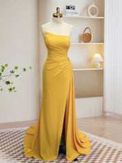 Simple Yellow Satin Long Prom Dress, Yellow Formal Dress