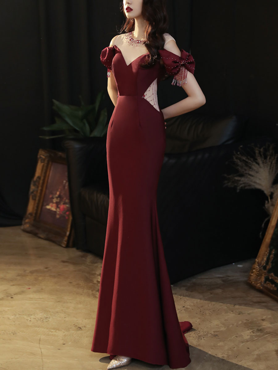 Mermaid Off-the-Shoulder Floor-Length Burgundy Satin Prom Dress with Bow-Accented Sleeves