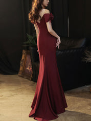Mermaid Off-the-Shoulder Floor-Length Burgundy Satin Prom Dress with Bow-Accented Sleeves