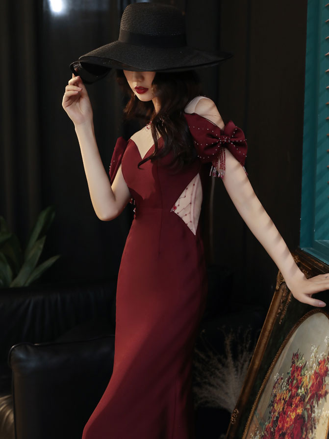 Mermaid Off-the-Shoulder Floor-Length Burgundy Satin Prom Dress with Bow-Accented Sleeves