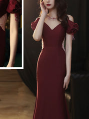 Mermaid Off-the-Shoulder Floor-Length Burgundy Satin Prom Dress with Bow-Accented Sleeves