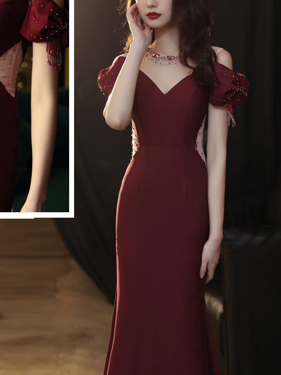 Mermaid Off-the-Shoulder Floor-Length Burgundy Satin Prom Dress with Bow-Accented Sleeves
