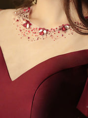 Mermaid Off-the-Shoulder Floor-Length Burgundy Satin Prom Dress with Bow-Accented Sleeves