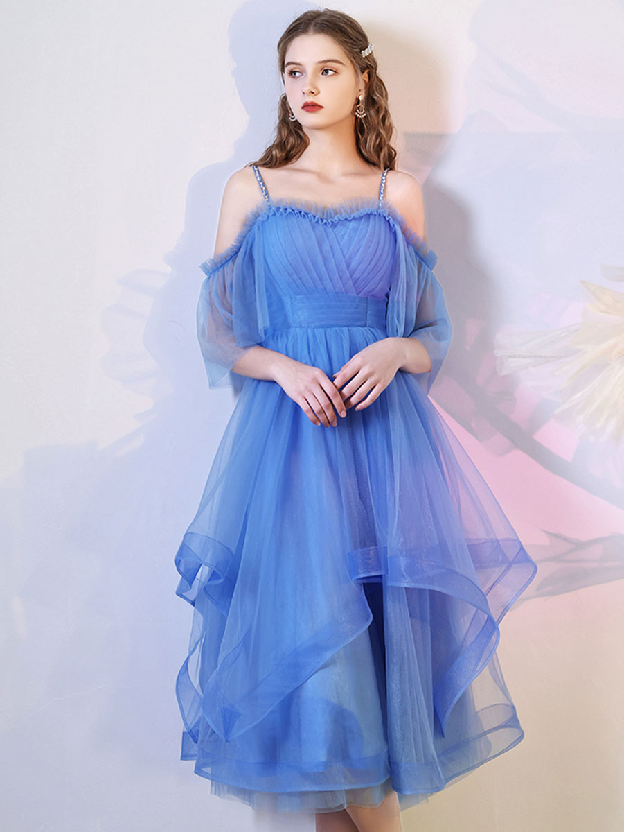 A-Line Off-the-Shoulder Knee-Length Blue Tulle Layered Homecoming Dress