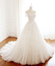 A-line Off-the-Shoulder Floor-Length Tulle & Lace Embroidered Prom Dress