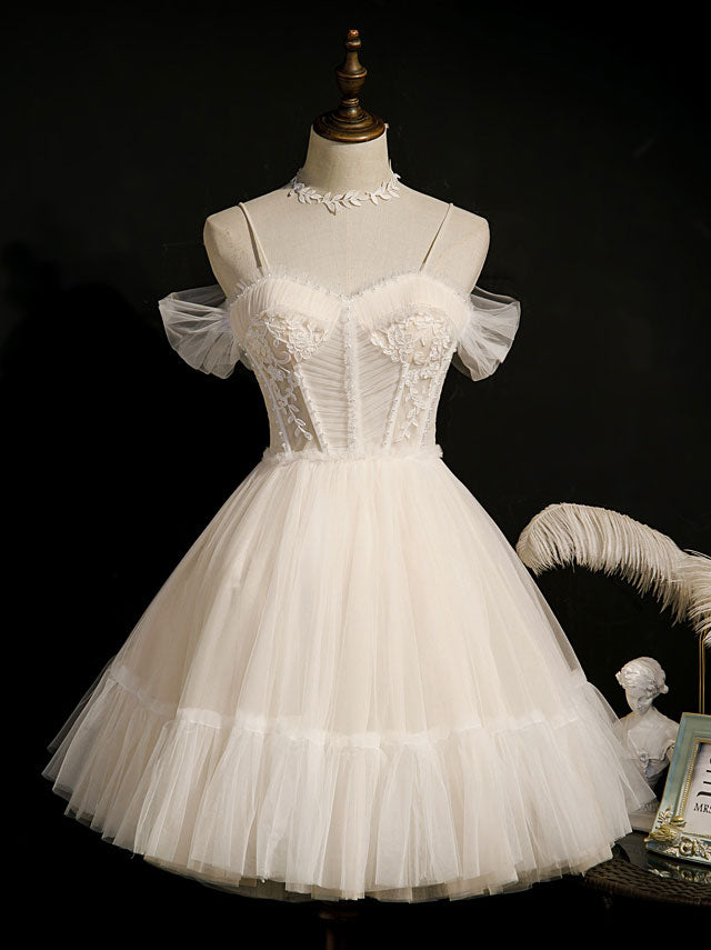 A-Line Sweetheart Neck Short Tulle Homecoming Dress with Lace Appliqué Bodice and Tiered Skirt