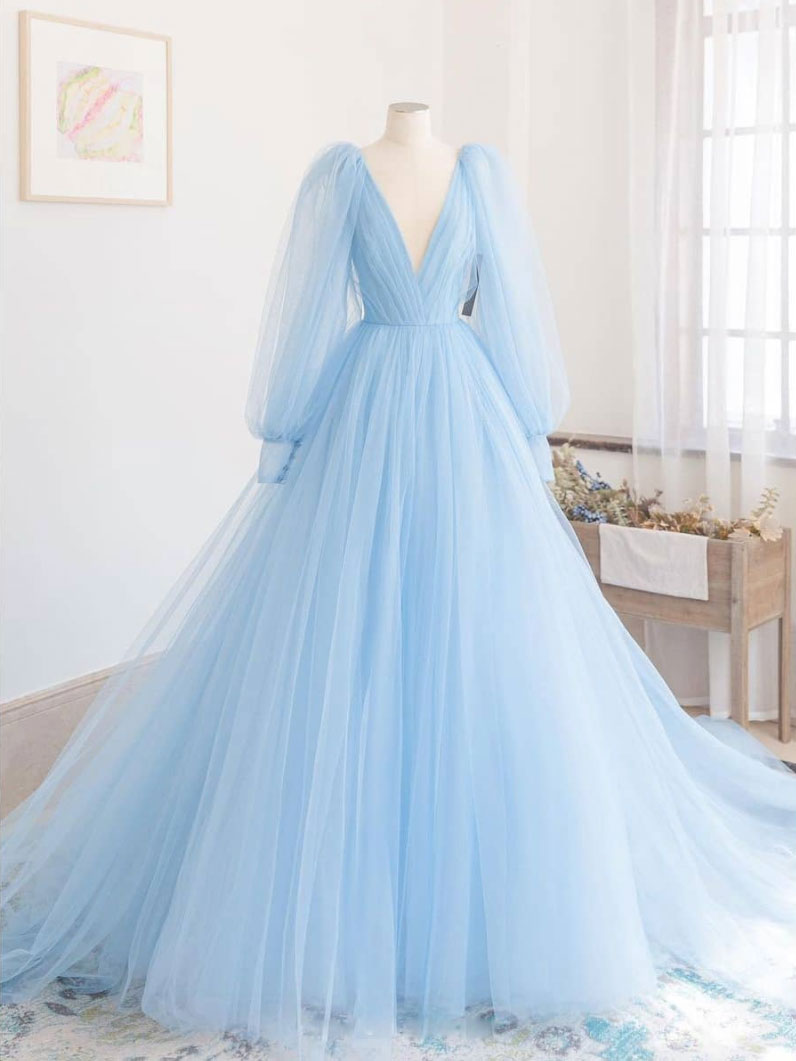 A-Line V-Neck Floor-Length Light Blue Tulle Prom Dress with Long Sheer Sleeves