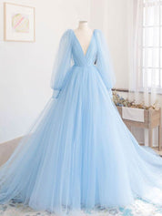 A-Line V-Neck Floor-Length Light Blue Tulle Prom Dress with Long Sheer Sleeves