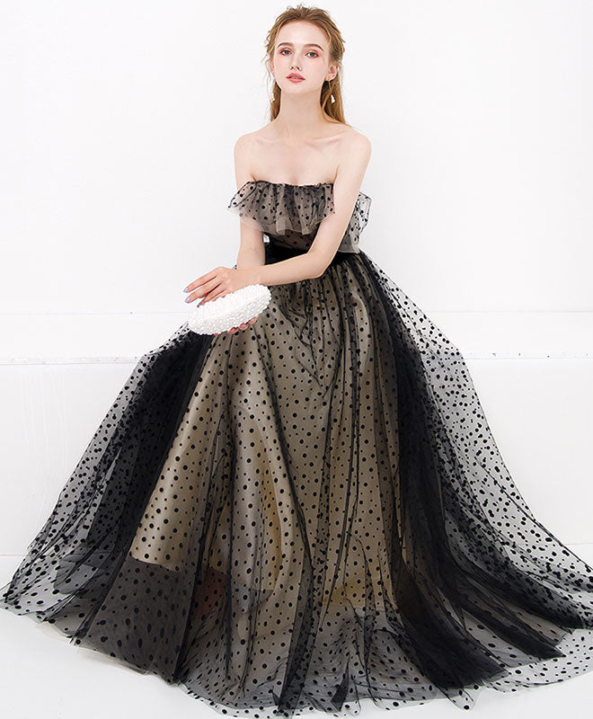 A-Line Off-the-Shoulder Floor-Length Tulle Lace Prom Dress with Polka Dot Overlay