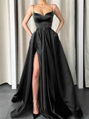 A-Line Sweetheart Floor-Length Satin Prom Dress with Thigh-High Slit