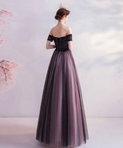 Off-the-Shoulder Floral Lace Embroidered Tulle Ball Gown Prom Dress with Satin Belt
