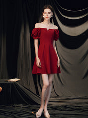 A-Line Notched Square Neck Knee-Length Red Satin Homecoming Dress with Puff Sleeves