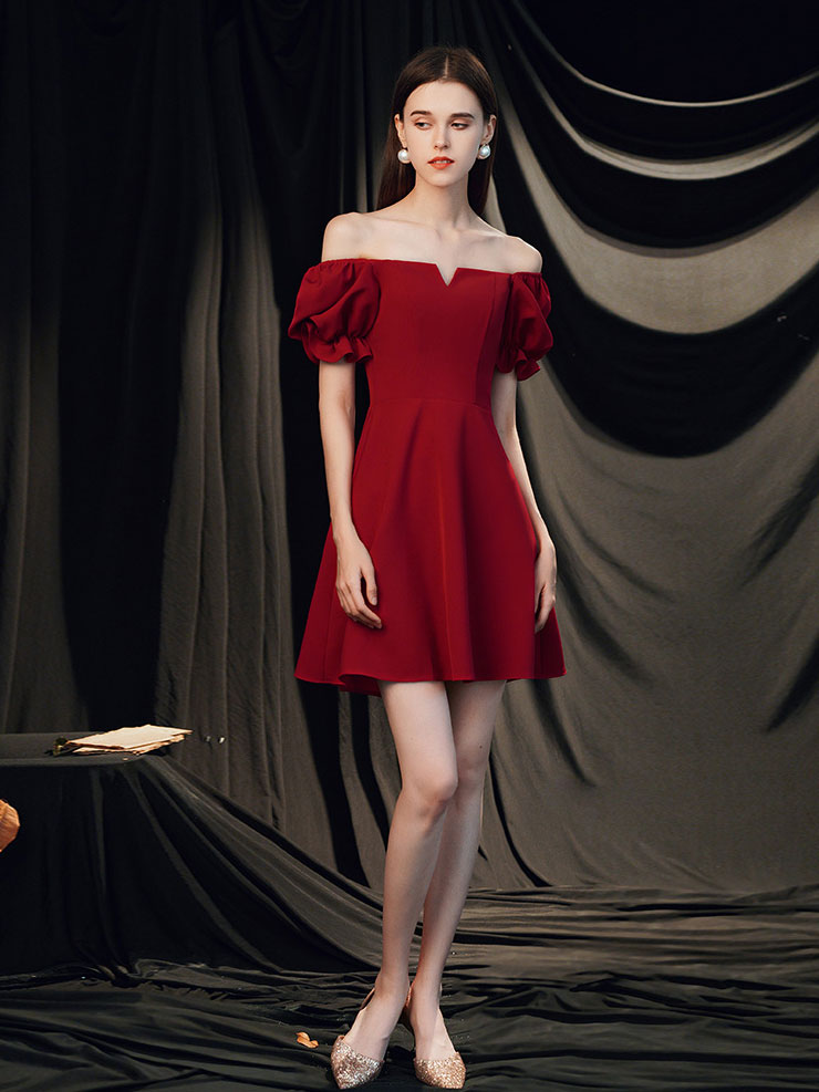A-Line Notched Square Neck Knee-Length Red Satin Homecoming Dress with Puff Sleeves