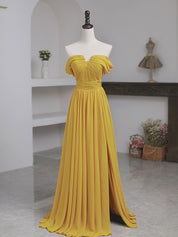 Mustard Yellow A-Line Off-the-Shoulder Floor-Length Tulle Prom Dress with Pleated Bodice
