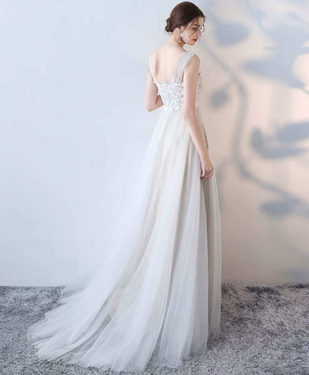 A-Line Ivory Illusion Neck Floor-Length Tulle Lace Prom Dress with Floral Appliqué Bodice