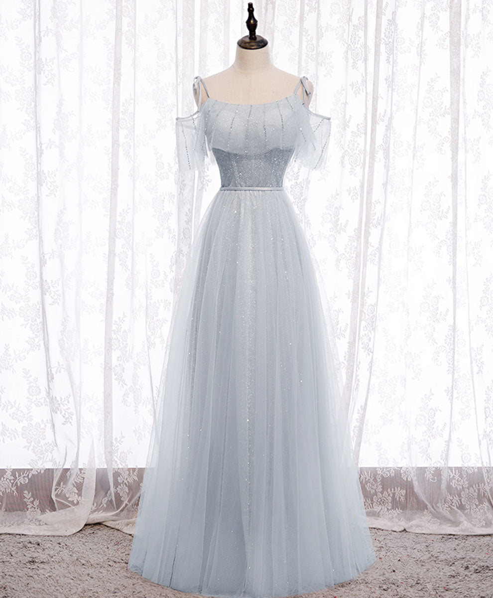 A-Line Light Blue Illusion High Neck Floor-Length Tulle Prom Dress with Beaded Bodice and Flutter Sleeves