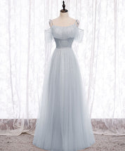 A-Line Light Blue Illusion High Neck Floor-Length Tulle Prom Dress with Beaded Bodice and Flutter Sleeves