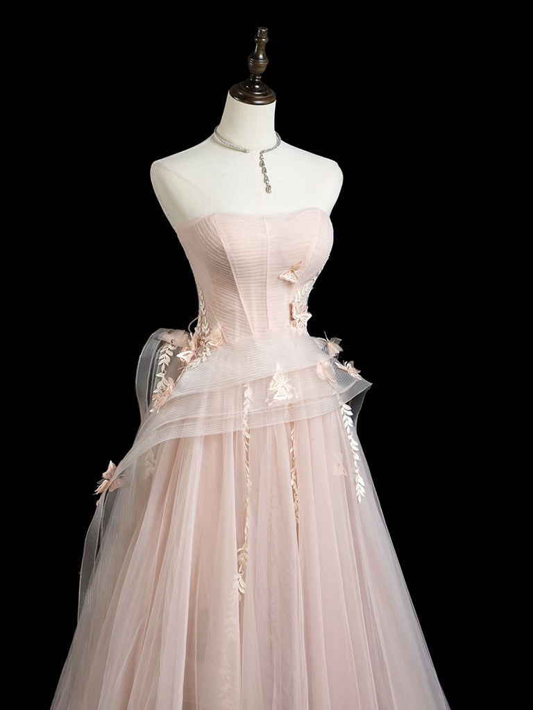 A-Line Tulle Lace Pink Long Prom Dress, Pink Long Formal Dress