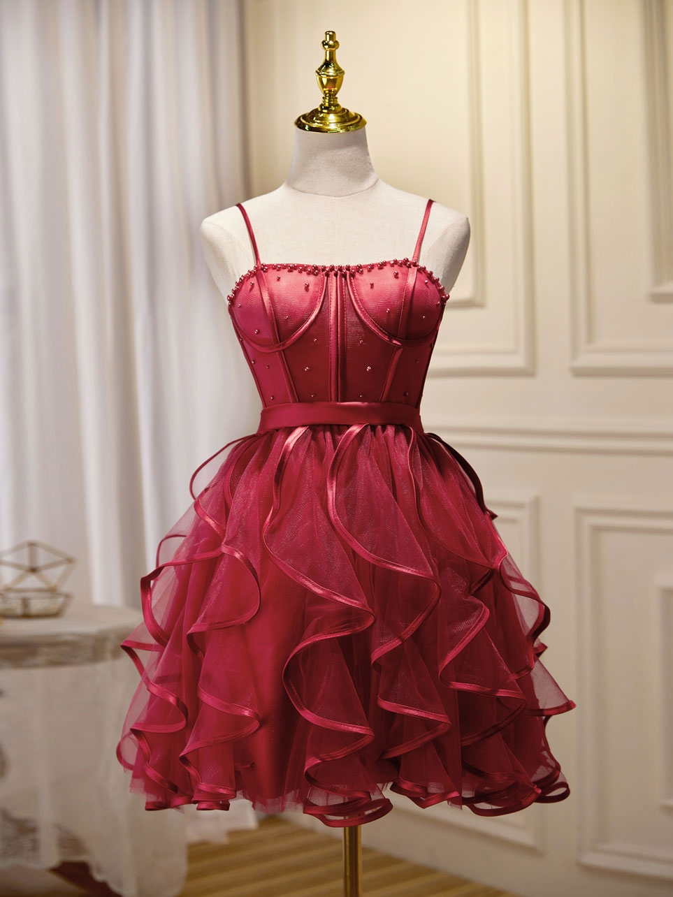 A-Line Spaghetti Straps Short Red Tulle Homecoming Dress with Beading and Tiered Ruffle Skirt