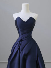 A-Line V Neck Satin Dark Blue Long Prom Dress, Dark Blue Long Formal Dress