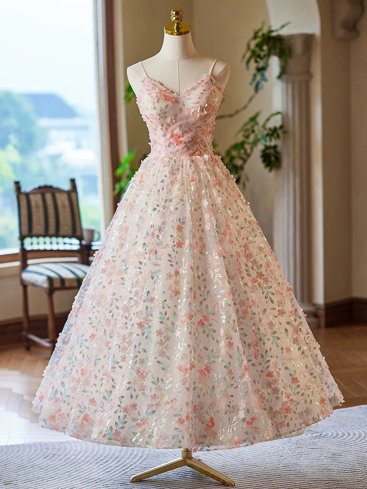 A-Line V Neck Flower Lace Tea Length Pink Prom Dress, Pink Formal Dress