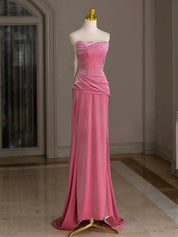 Sheath Rose Pink Square Neck Floor-Length Velvet Draped Prom Dress with Pearl Chain Back Detail