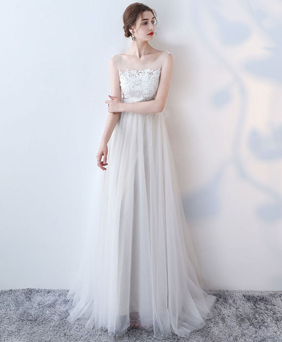 A-Line Ivory Illusion Neck Floor-Length Tulle Lace Prom Dress with Floral Appliqué Bodice