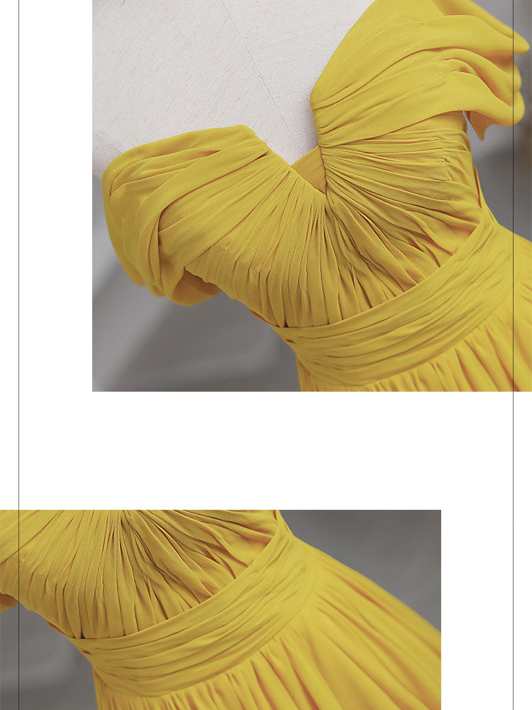 Mustard Yellow A-Line Off-the-Shoulder Floor-Length Tulle Prom Dress with Pleated Bodice
