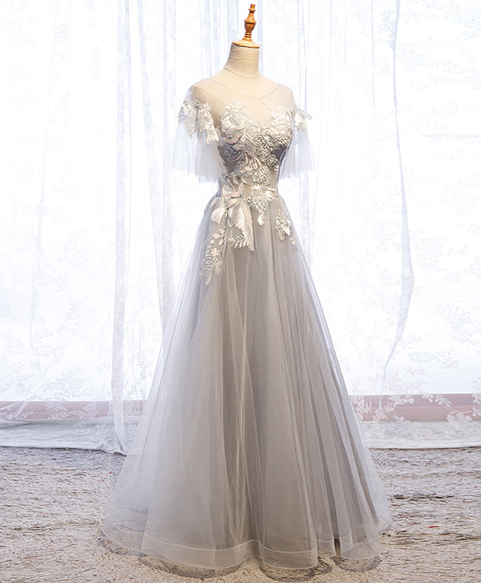 A-Line Illusion Neck Floor-Length Gray Tulle Prom Dress with Lace Appliqué