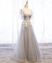 A-Line Illusion Neck Floor-Length Gray Tulle Prom Dress with Lace Appliqué