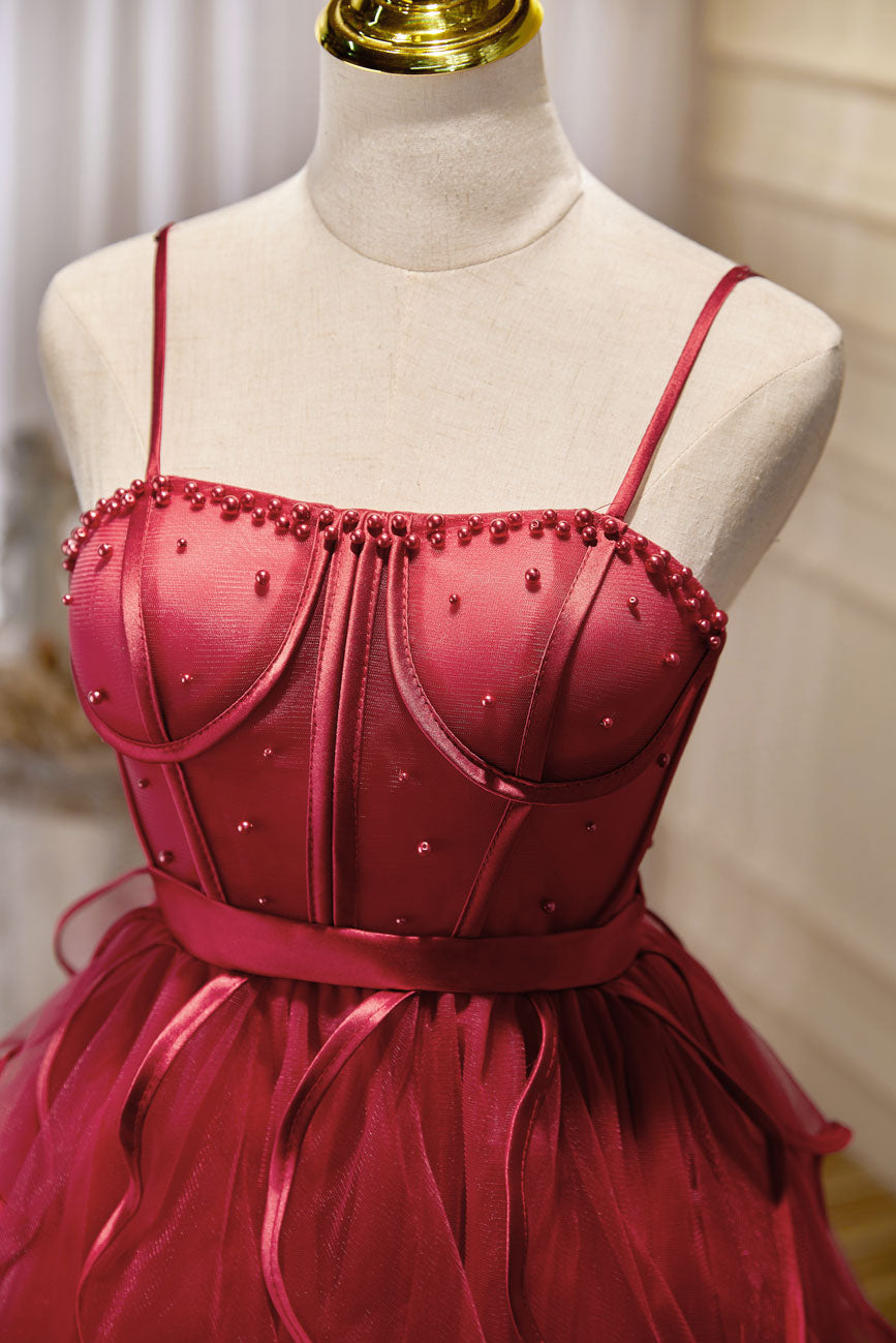 A-Line Spaghetti Straps Short Red Tulle Homecoming Dress with Beading and Tiered Ruffle Skirt