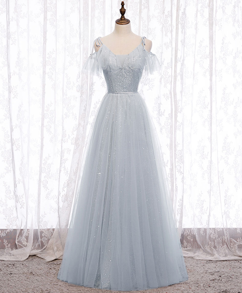 A-Line Light Blue Illusion High Neck Floor-Length Tulle Prom Dress with Beaded Bodice and Flutter Sleeves