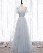 A-Line Light Blue Illusion High Neck Floor-Length Tulle Prom Dress with Beaded Bodice and Flutter Sleeves