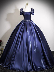 A-Line Puff Sleeves Dark Blue Long Prom Dress with Lace-Up Back